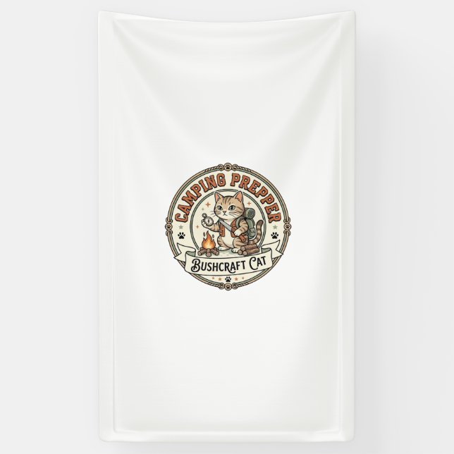 Camping Prepper Bushcraft Cat Camping Prepper Bush Banner (Vertical)