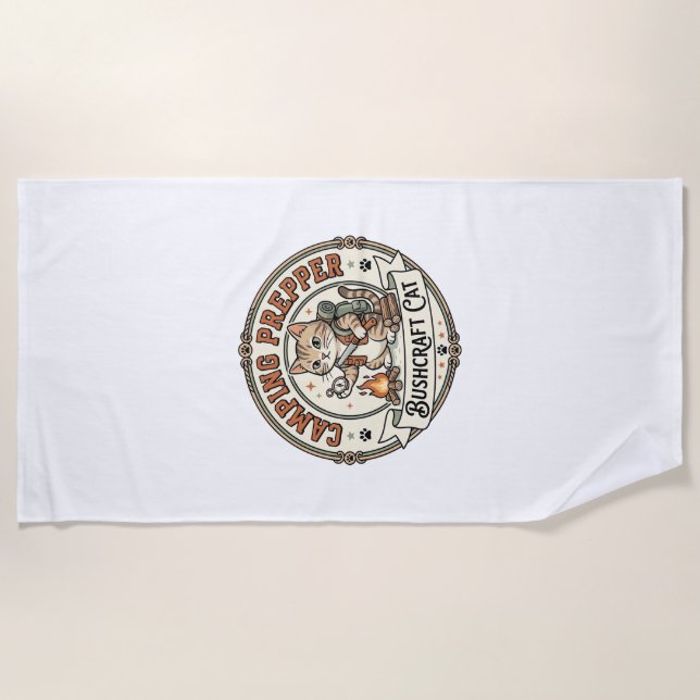 Camping Prepper Bushcraft Cat Camping Prepper Bush Beach Towel (Front)