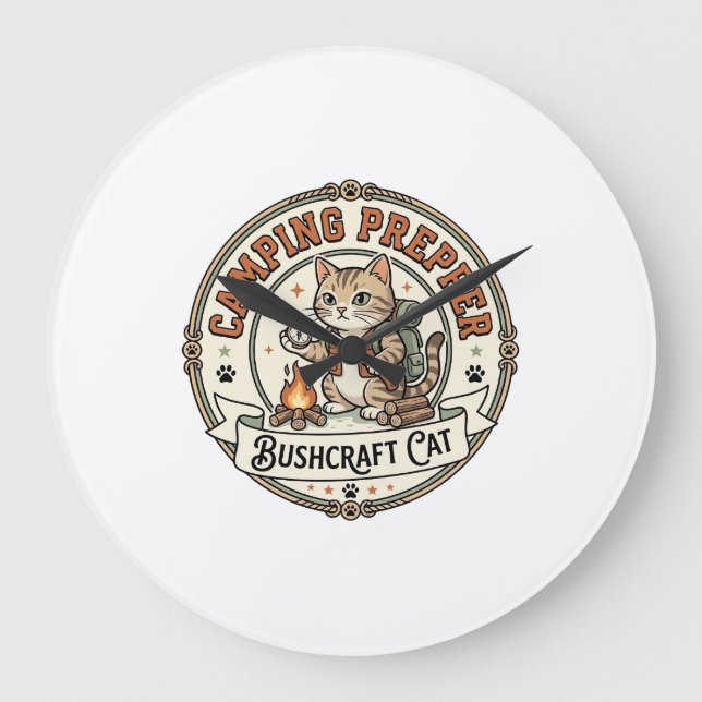 Camping Prepper Bushcraft Cat Camping Prepper Bush Large Clock (Front)