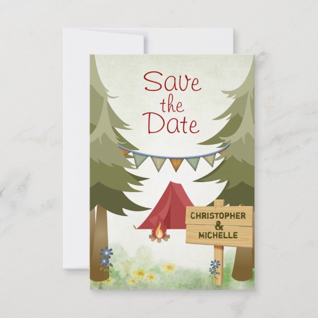 Camping Red Tent Woodland Wedding Save The Date (Front)
