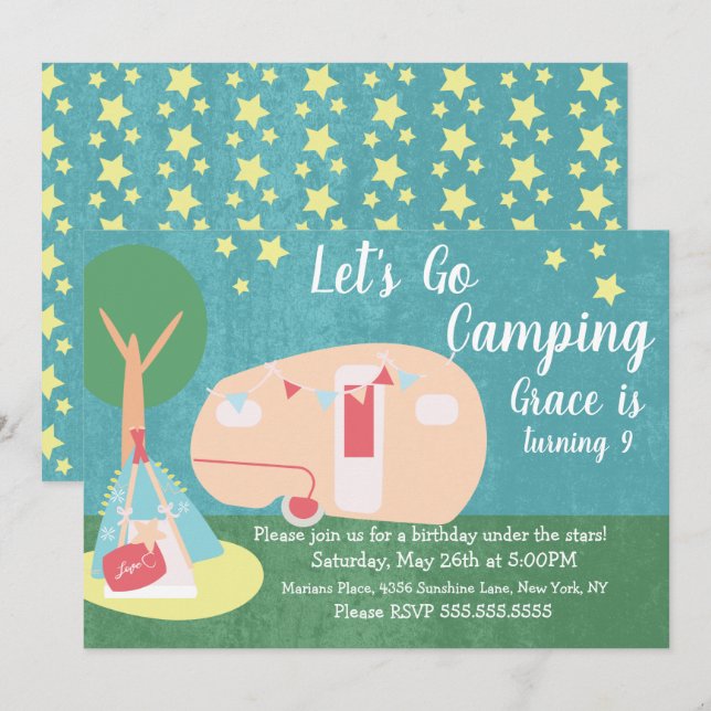 Camping Retro Party Stars Night Birthday Invitatio Invitation (Front/Back)