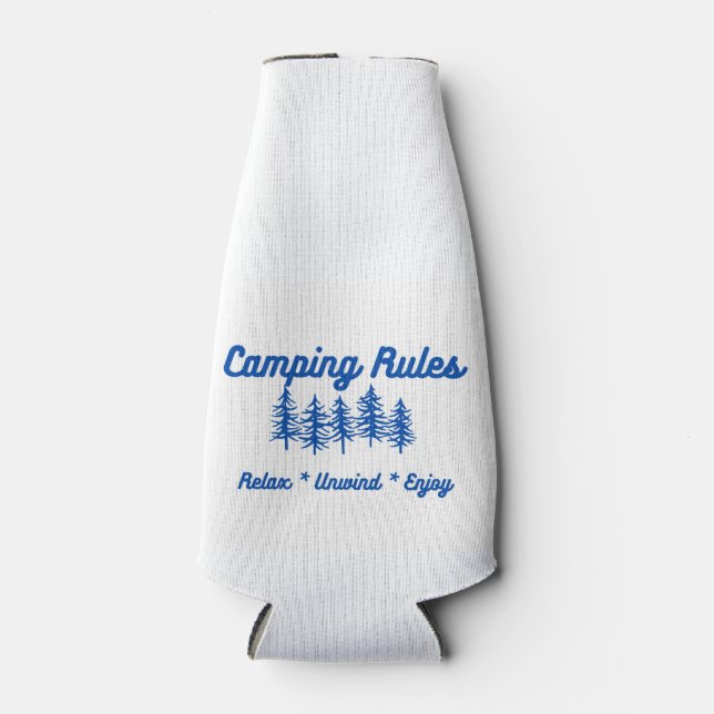 Camping Rules, Relax, Unwind, Enjoy on a  Bottle Cooler (Front)