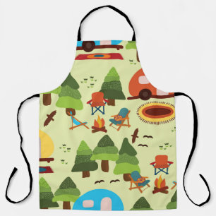 Camping scene - caravan, camping chairs, fire plac apron
