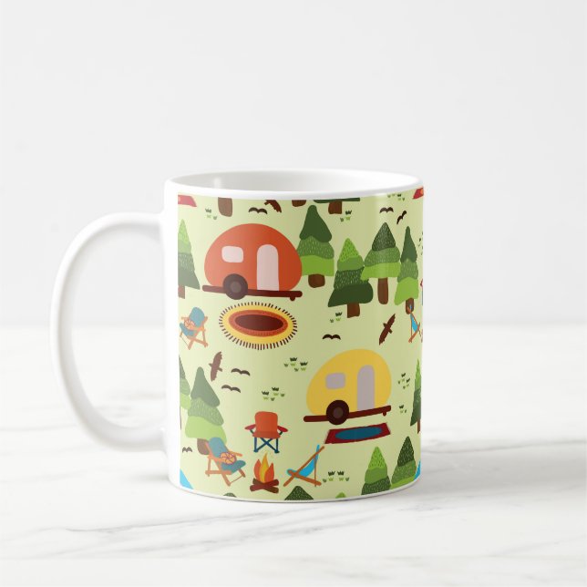 Camping scene - caravan, camping chairs, fire plac coffee mug (Left)
