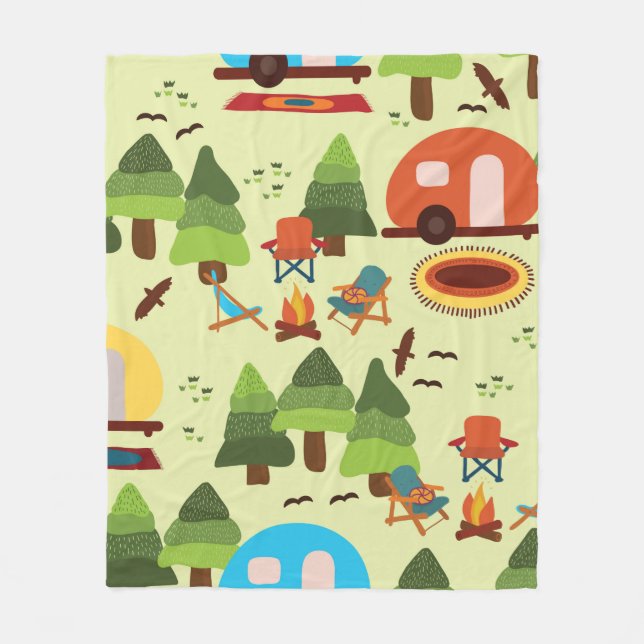 Camping scene - caravan, camping chairs, fire plac fleece blanket (Front)