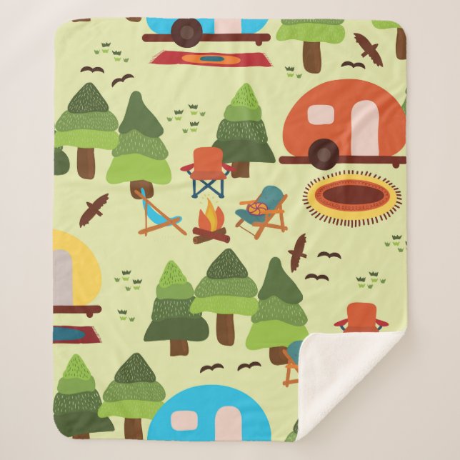 Camping scene - caravan, camping chairs, fire plac sherpa blanket (Front)