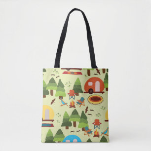 Camping scene - caravan, camping chairs, fire plac tote bag