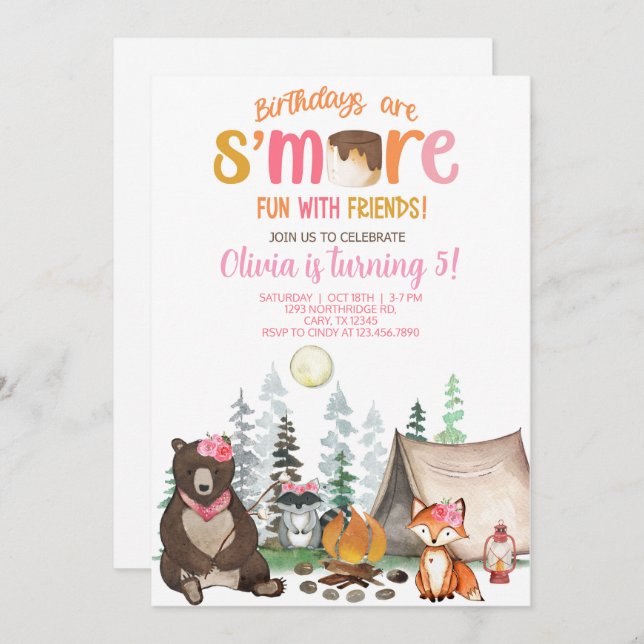 Camping smore fun girl birthday invite. invitation (Front/Back)
