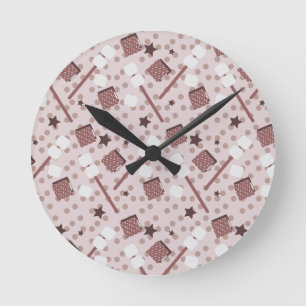Camping Smores Marshmallows Biscuits Campfire Pink Round Clock