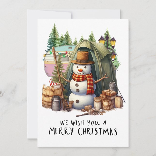 Camping Snowman Christmas Themed for Camper Holiday Card (Front)