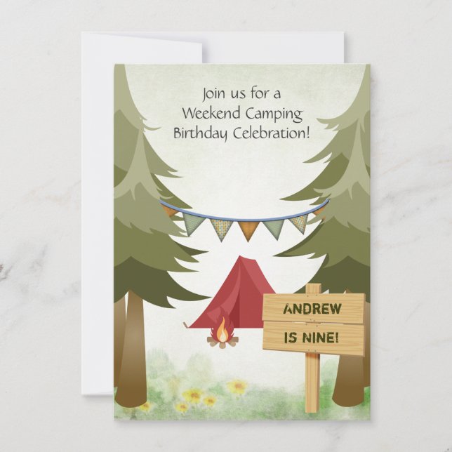 Camping, Tent and Campfire Woodland Birthday Invitation (Front)