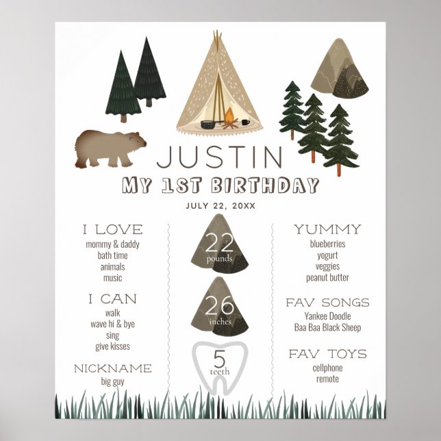 Camping Tent Bear Boy 1st Birthday Milestone Poster (Front)
