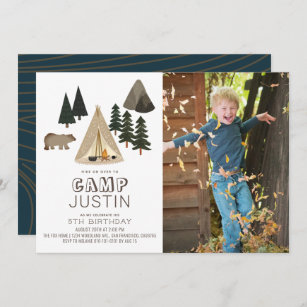 Camping Tent Bear Boy Birthday Photo Invitation