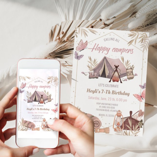 Camping Tent Bonfire Girl Birthday Invitation (Creator Uploaded)