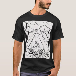 Camping Tent Campfire Line Art T Shirt Outdoor Adv