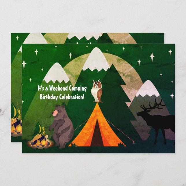 Camping Tent Forest Animals and Mountains Birthday Invitation (Front/Back)