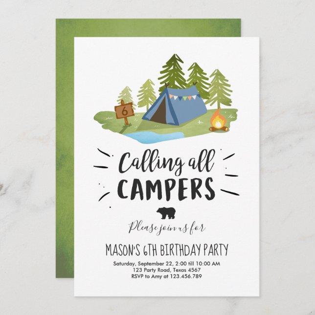 Camping Tent Invitation Birthday Camp out Boy (Front/Back)