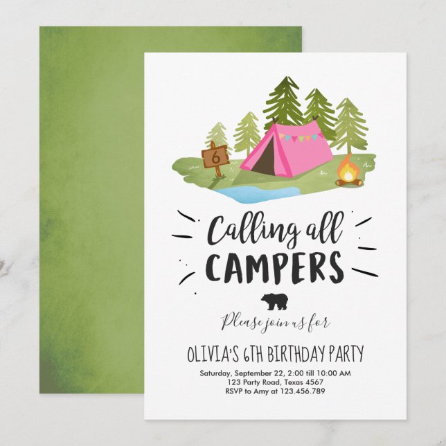 Camping Tent Invitation Birthday Camp out Girl (Front/Back)