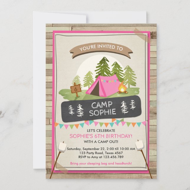 Camping Tent Invitation Birthday Camp out Girl (Front)
