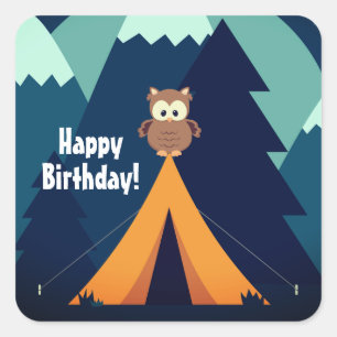 Camping, Tent, Owl and Mountains Happy Birthday Square Sticker