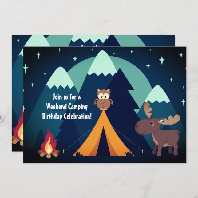 Camping, Tent, Woodland Animals Mountain Birthday Invitation (Front/Back)