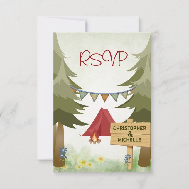Camping Tents Campfire Woodland Wedding RSVP Card (Front)