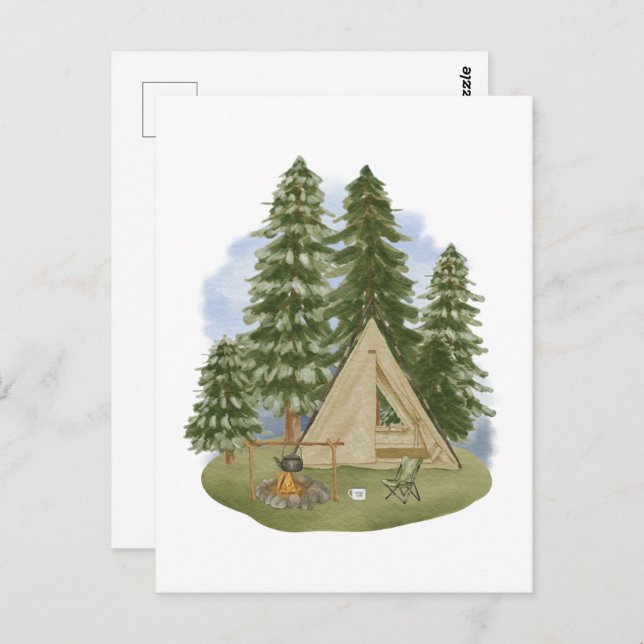 Camping Theme Campfire, Tent, Forest, Trees  Postcard (Front/Back)