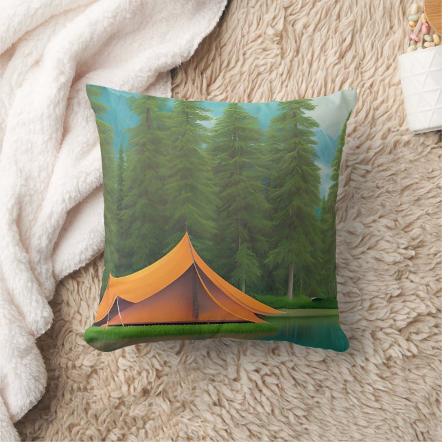 Camping Themed Art | Tent in the Woods on the Lake Cushion (Blanket)