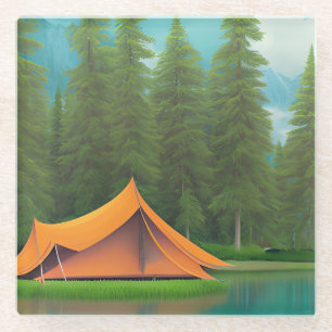Camping Themed Art Tent in the Woods on the Lake Glass Coaster
