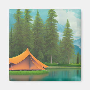 Camping Themed Art Tent in the Woods on the Lake Magnet