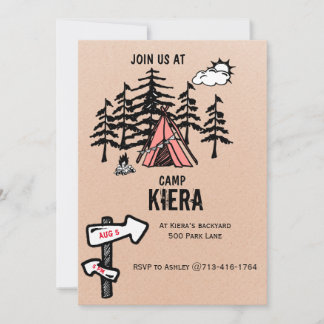 Camping themed birthday party invite for girl