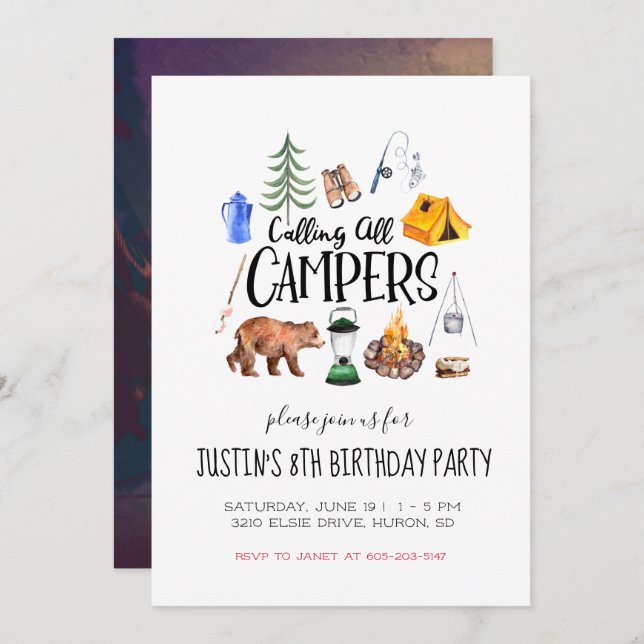 Camping Themed Party Invitation (Front/Back)