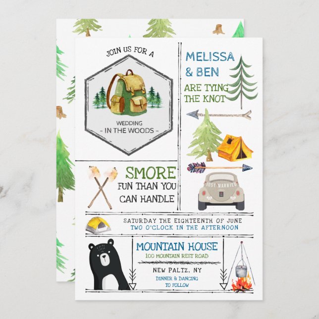 Camping Themed Wedding - Badges & Icons Invitation (Front/Back)