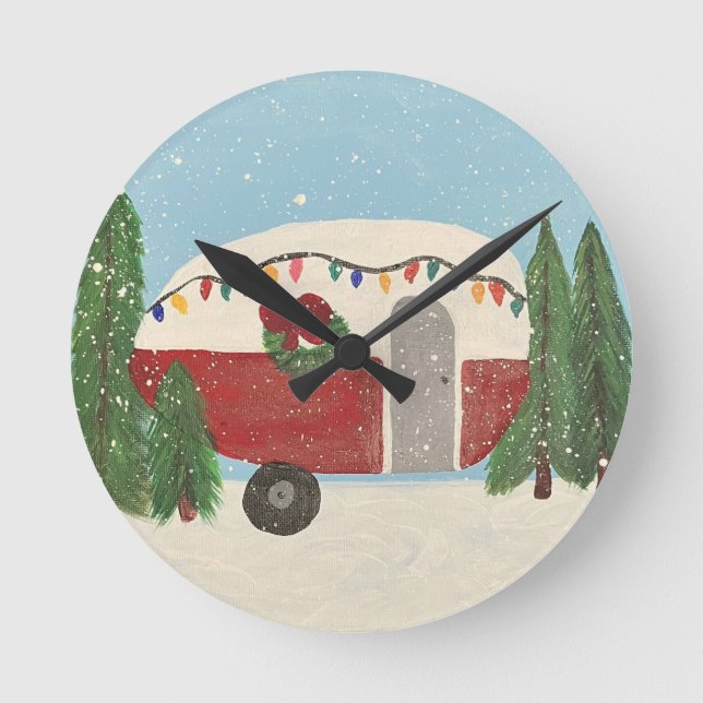 Camping Trailer at Christmas  Round Clock (Front)