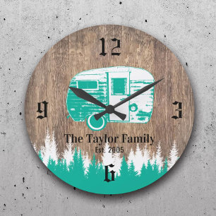 Camping Trailer Happy Campers Family Name Wooden Large Clock