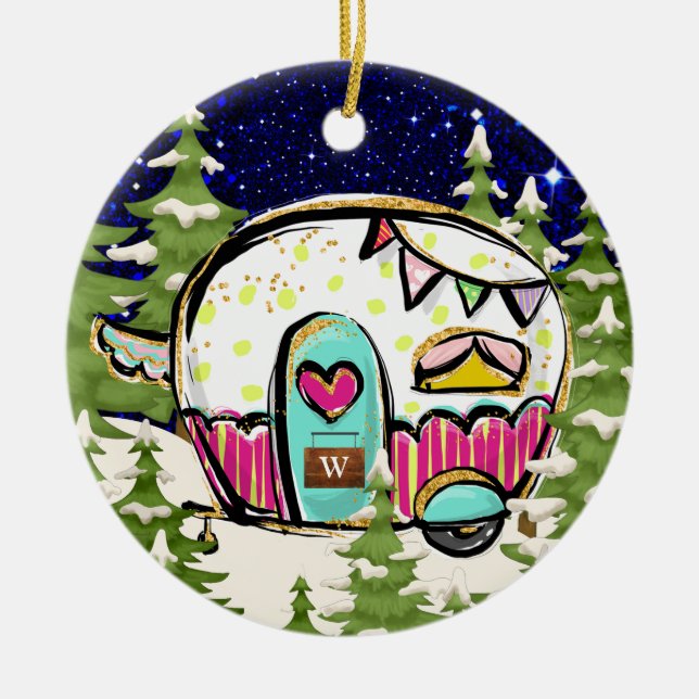 Camping Trailer with Door Sign Ceramic Ornament (Front)