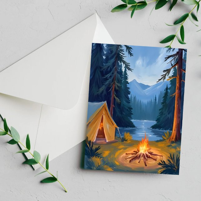 Camping Trip Forest Campfire Tent Watercolor Card (Creator Uploaded)