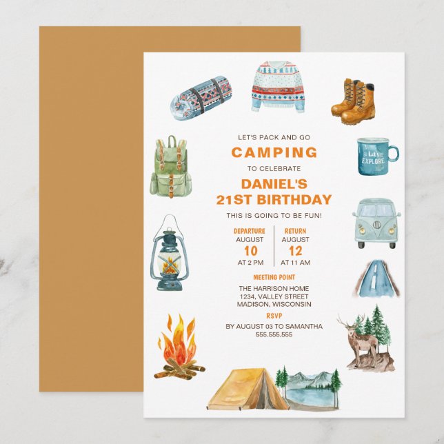 Camping Watercolor Campout Outdoors Birthday Invitation (Front/Back)