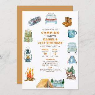 Camping Watercolor Campout Outdoors Birthday Invitation