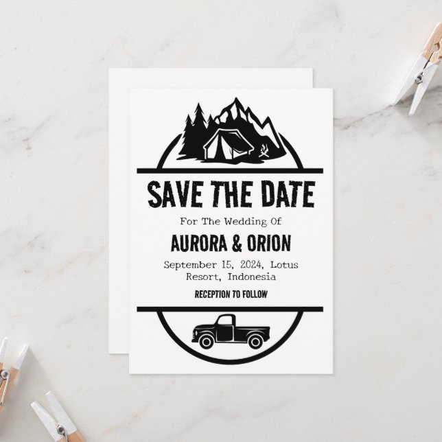 camping wedding save the date cards (Front/Back In Situ)