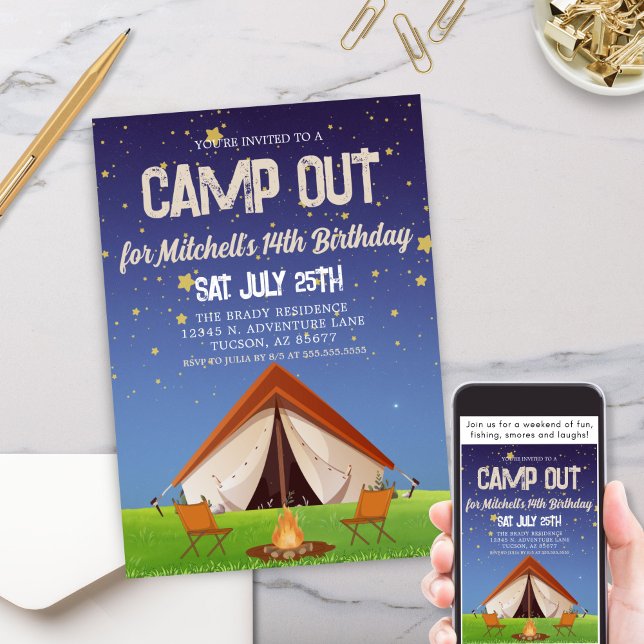 Camping Weekend Getaway Birthday Party Invitation (Fun Kids Family Camping Camp Out Weekend Getaway Group Camping Staycation Birthday Party Invitation)