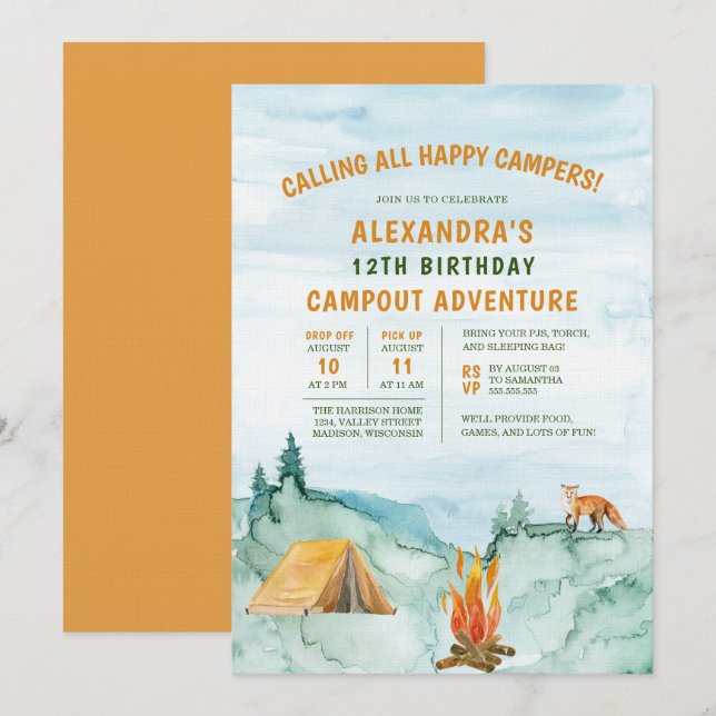 Camping Woodland Adventure Tent Campout Birthday Invitation (Front/Back)