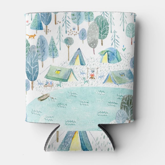 Camping woods, lake seamless pattern. can cooler (Front)