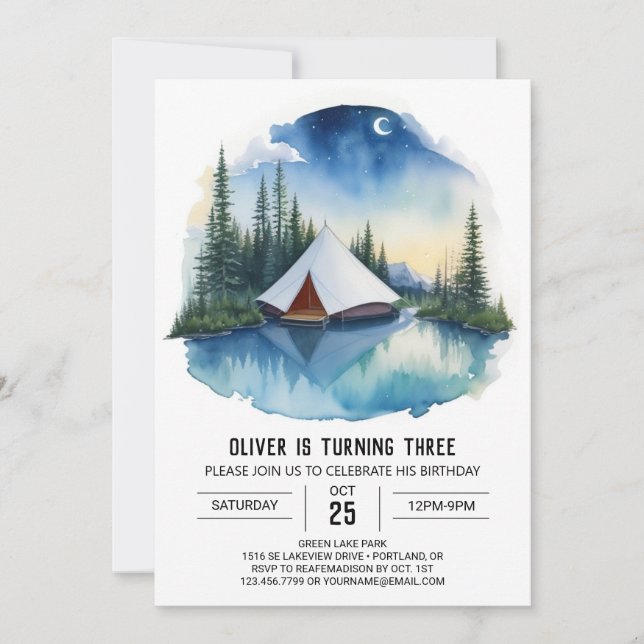 Campout by the Forest Stream Birthday Invitation (Front)