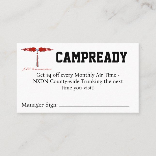 CAMPREADY Coupon Business Card (Front)