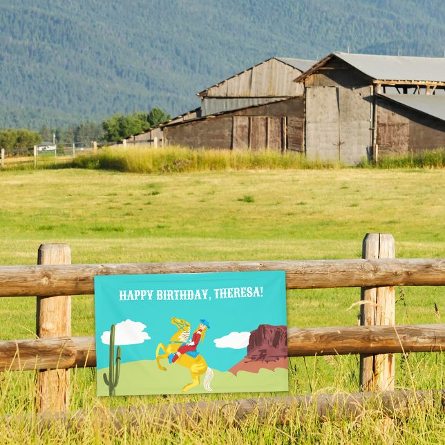 Campy Western Cowgirl on Horse Custom Birthday Banner (Creator Uploaded)
