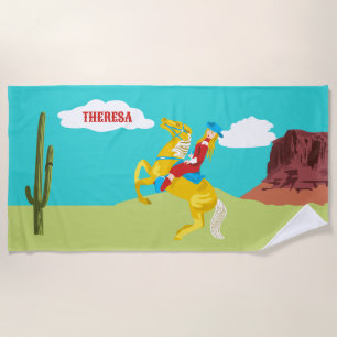 Campy Western Cowgirl on Horse Personalised Beach Towel