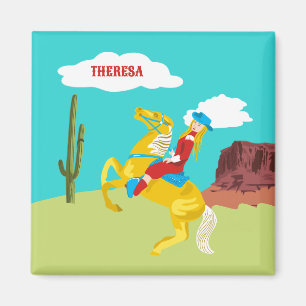 Campy Western Cowgirl on Horse Personalised Magnet