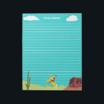 Campy Western Cowgirl on Horse Personalised Notepad<br><div class="desc">Write letters or notes in style with this personalised writing paper. The bright blue paper has white lines to keep your writing neat and even. At the bottom is a retro style illustration of a cowgirl on a horse in a western landscape. At the top between the white clouds is...</div>