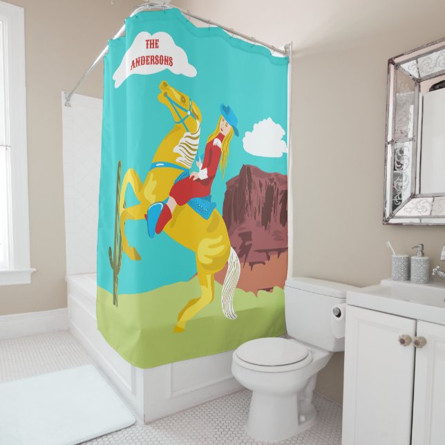 Campy Western Cowgirl on Horse Personalised Shower Curtain (In Situ)